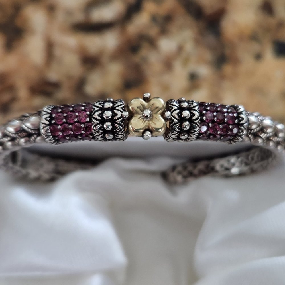 Designer Barbara Bixby Rhodolite Garnet Lotus Flower Cuff Bracelet
